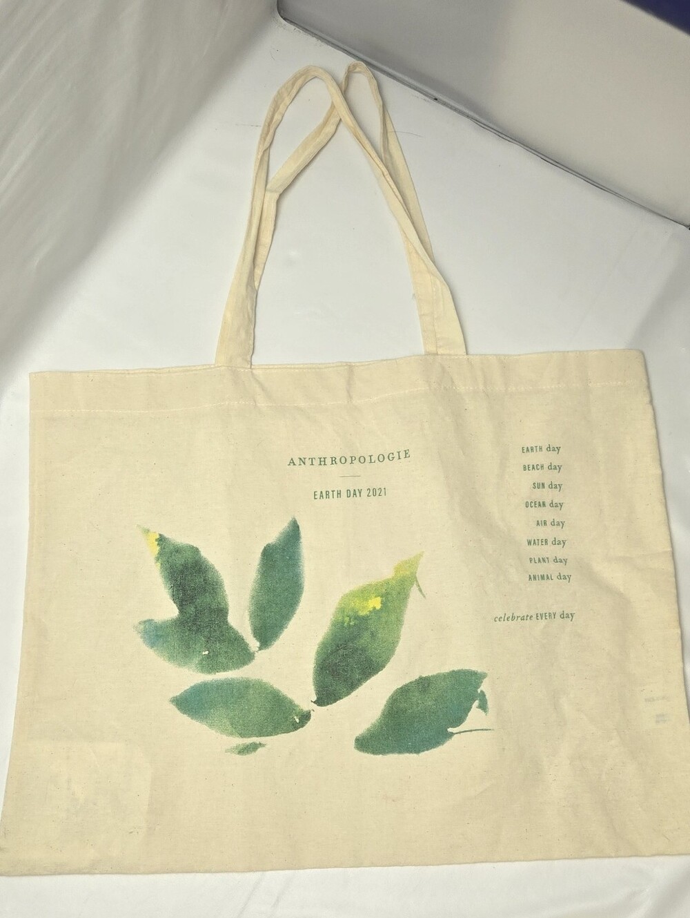 Anthropologie Earth Day 2021 Canvas Tote Bag - Cream with Green Leaf Print
